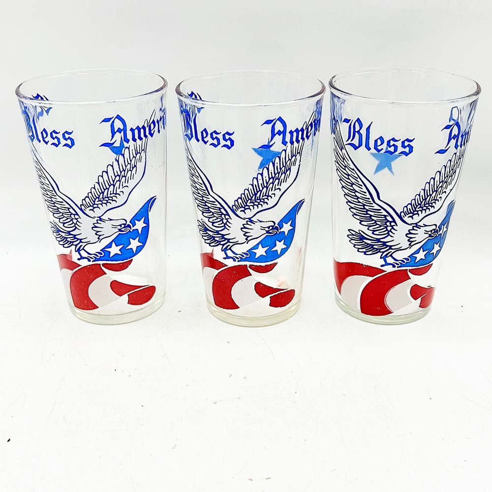 Set of 3 Vintage God Bless America Eagle Drinking Glasses Patriotic Tumblers